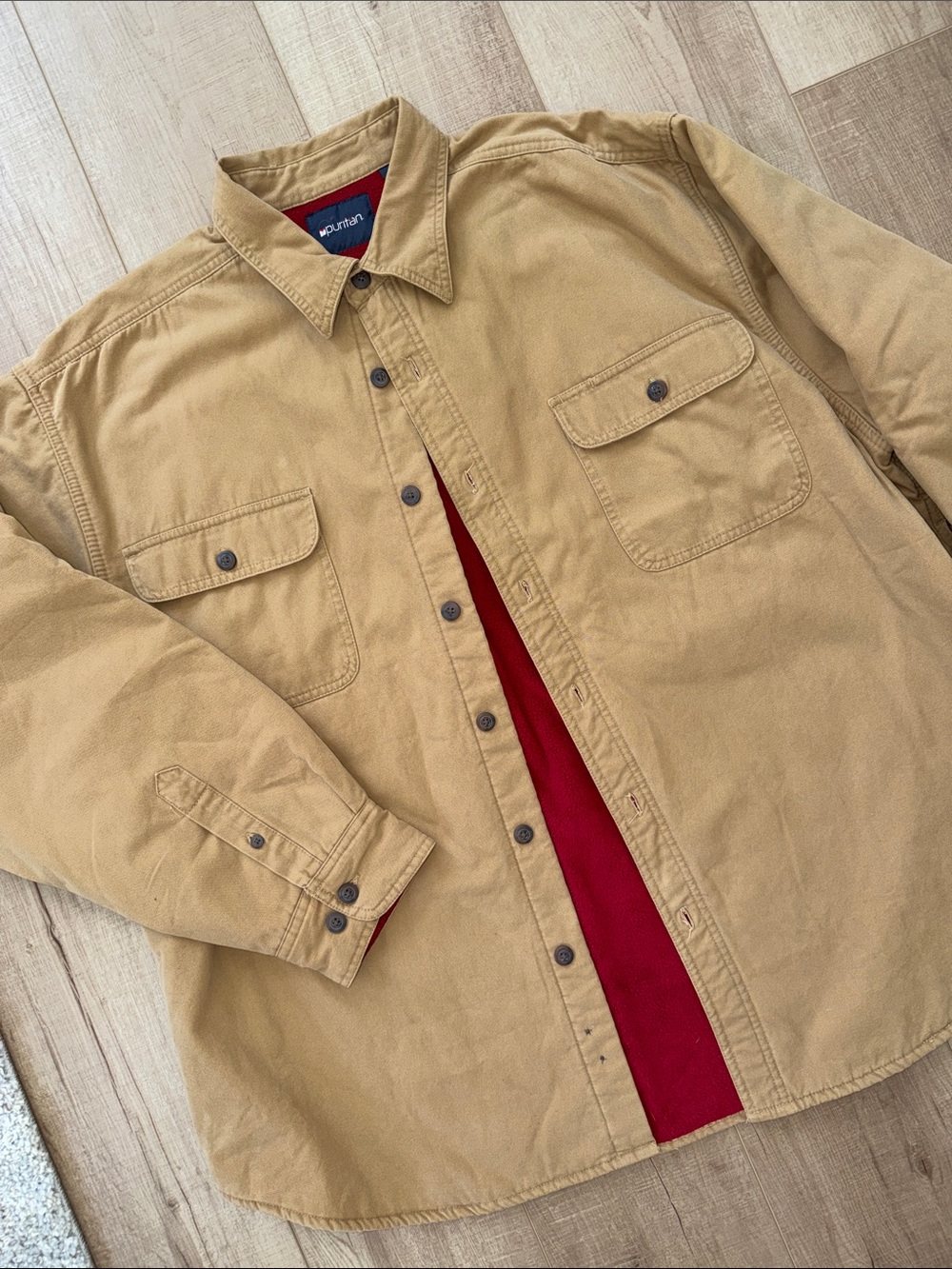 Puritan Men’s Cotton Khaki w/Red Fleece lined Chore Barn Shacket Jacket-NEW-XL